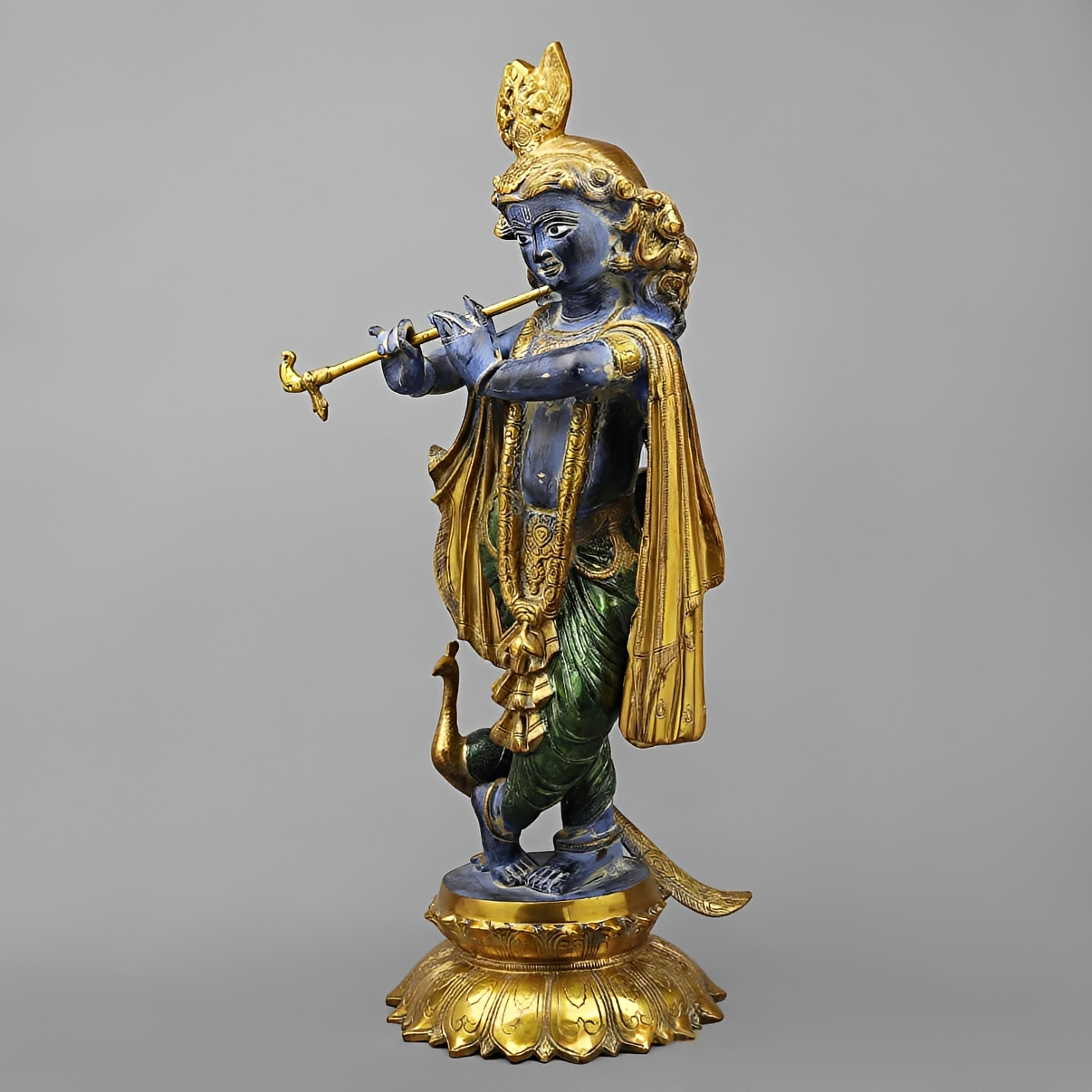 Brassaura® Vrindavan Venugopal Krishna Brass Statue with Peacock | Antique Blue & Gold Finish | Height 20 Inches