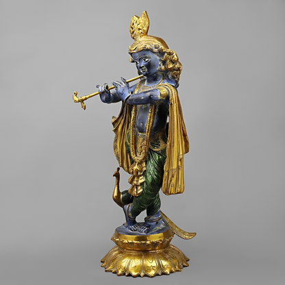 Brassaura® Vrindavan Venugopal Krishna Brass Statue with Peacock | Antique Blue & Gold Finish | Height 20 Inches
