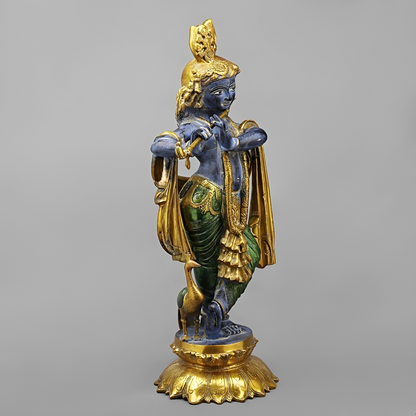 Brassaura® Vrindavan Venugopal Krishna Brass Statue with Peacock | Antique Blue & Gold Finish | Height 20 Inches