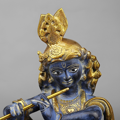 Brassaura® Vrindavan Venugopal Krishna Brass Statue with Peacock | Antique Blue & Gold Finish | Height 20 Inches