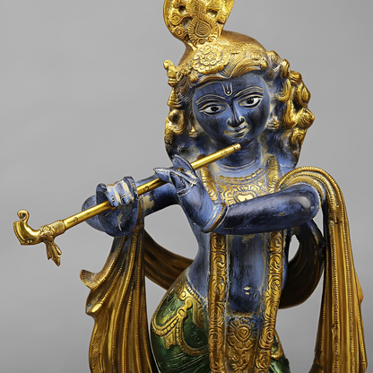 Brassaura® Vrindavan Venugopal Krishna Brass Statue with Peacock | Antique Blue & Gold Finish | Height 20 Inches