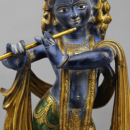 Brassaura® Vrindavan Venugopal Krishna Brass Statue with Peacock | Antique Blue & Gold Finish | Height 20 Inches