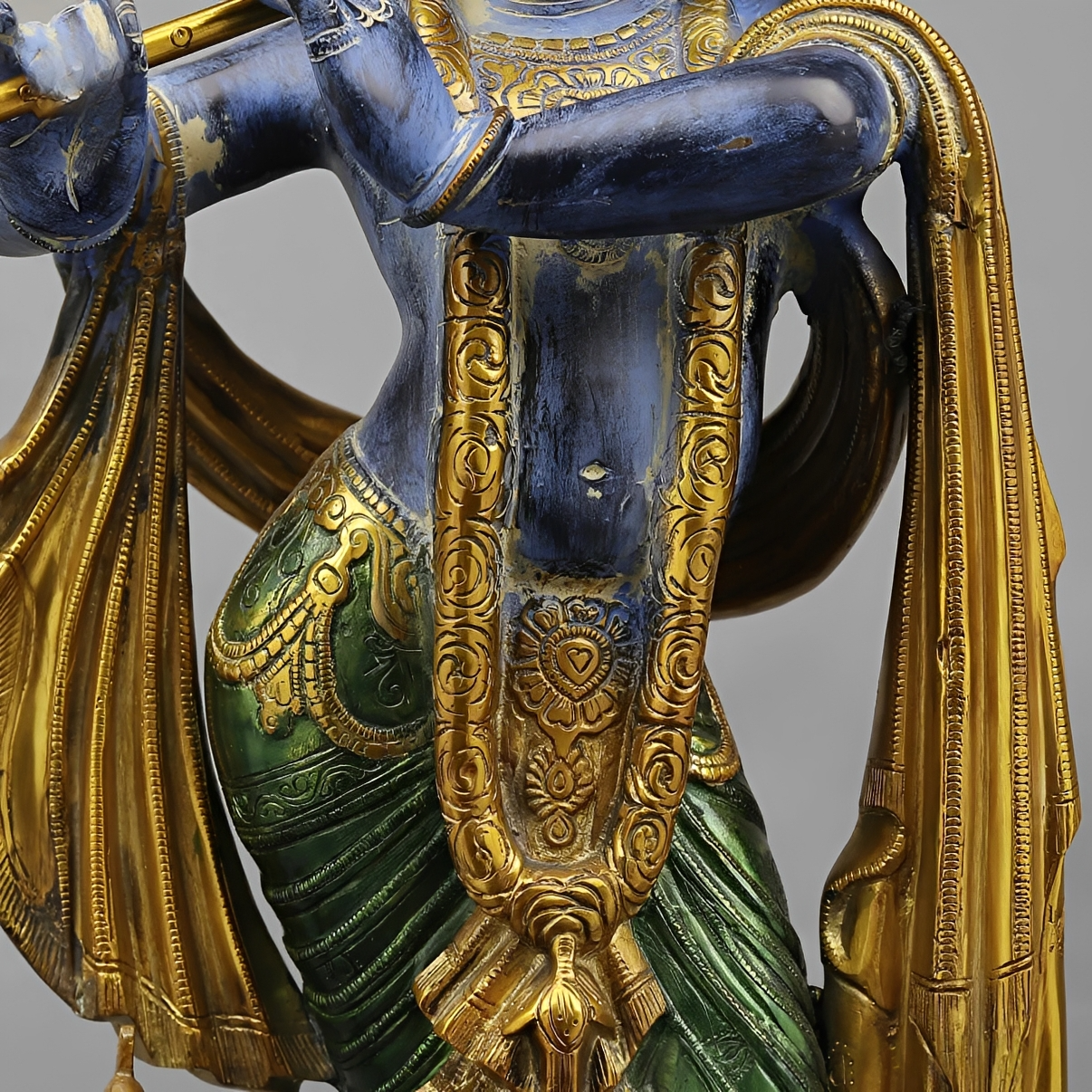 Brassaura® Vrindavan Venugopal Krishna Brass Statue with Peacock | Antique Blue & Gold Finish | Height 20 Inches