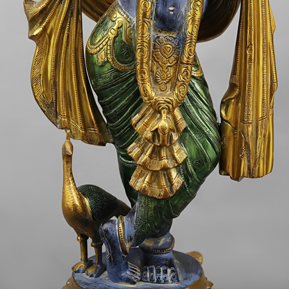 Brassaura® Vrindavan Venugopal Krishna Brass Statue with Peacock | Antique Blue & Gold Finish | Height 20 Inches