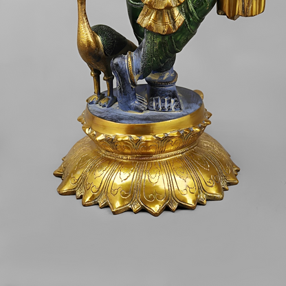 Brassaura® Vrindavan Venugopal Krishna Brass Statue with Peacock | Antique Blue & Gold Finish | Height 20 Inches
