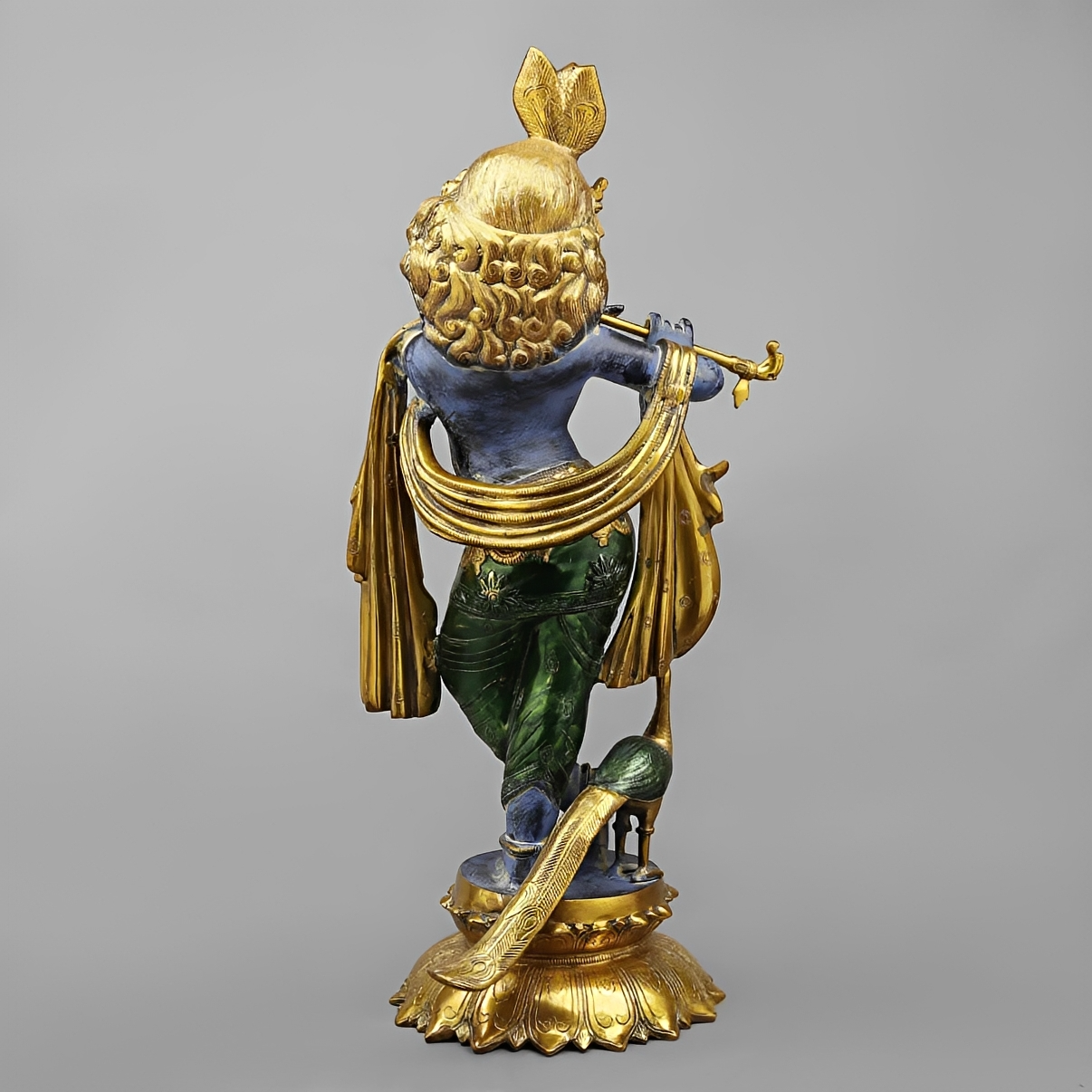 Brassaura® Vrindavan Venugopal Krishna Brass Statue with Peacock | Antique Blue & Gold Finish | Height 20 Inches
