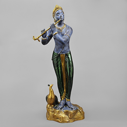 Brassaura® Murali Manohar Krishna Brass Statue with Peacock | Antique Blue & Gold Finish | Height 29 Inches