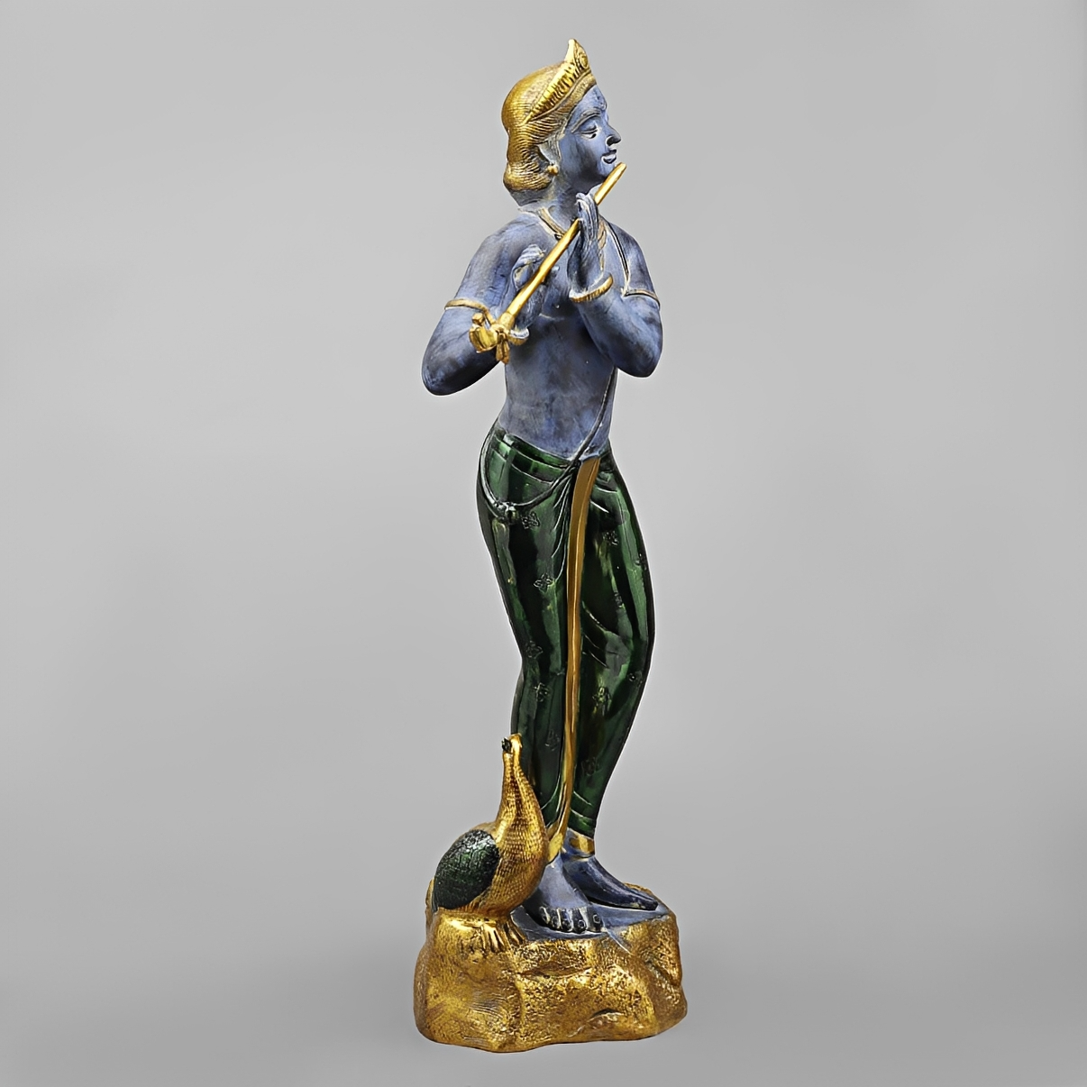 Brassaura® Murali Manohar Krishna Brass Statue with Peacock | Antique Blue & Gold Finish | Height 29 Inches