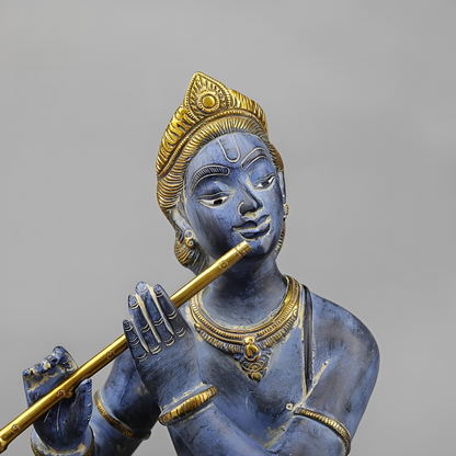 Brassaura® Murali Manohar Krishna Brass Statue with Peacock | Antique Blue & Gold Finish | Height 29 Inches