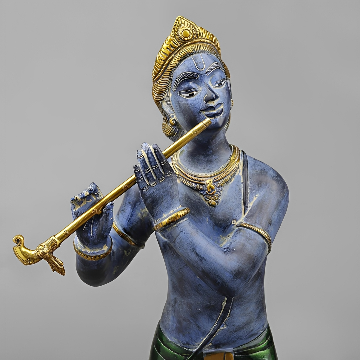 Brassaura® Murali Manohar Krishna Brass Statue with Peacock | Antique Blue & Gold Finish | Height 29 Inches