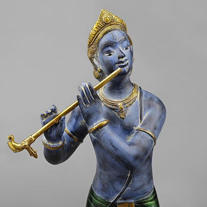 Brassaura® Murali Manohar Krishna Brass Statue with Peacock | Antique Blue & Gold Finish | Height 29 Inches