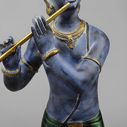 Brassaura® Murali Manohar Krishna Brass Statue with Peacock | Antique Blue & Gold Finish | Height 29 Inches