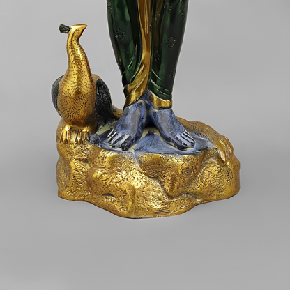 Brassaura® Murali Manohar Krishna Brass Statue with Peacock | Antique Blue & Gold Finish | Height 29 Inches