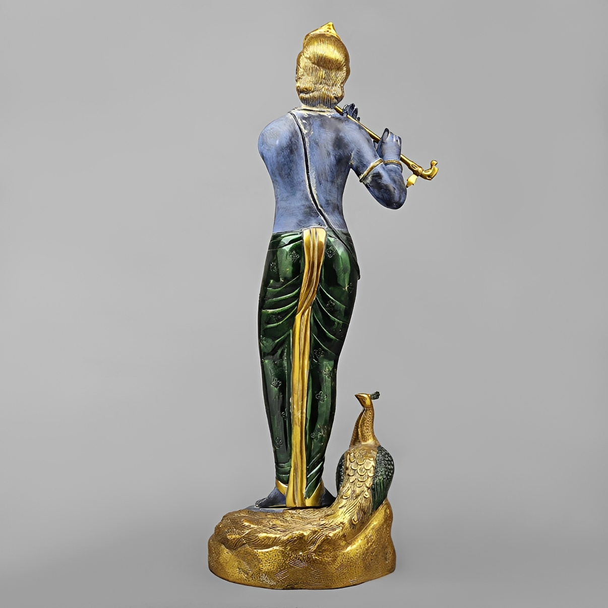 Brassaura® Murali Manohar Krishna Brass Statue with Peacock | Antique Blue & Gold Finish | Height 29 Inches