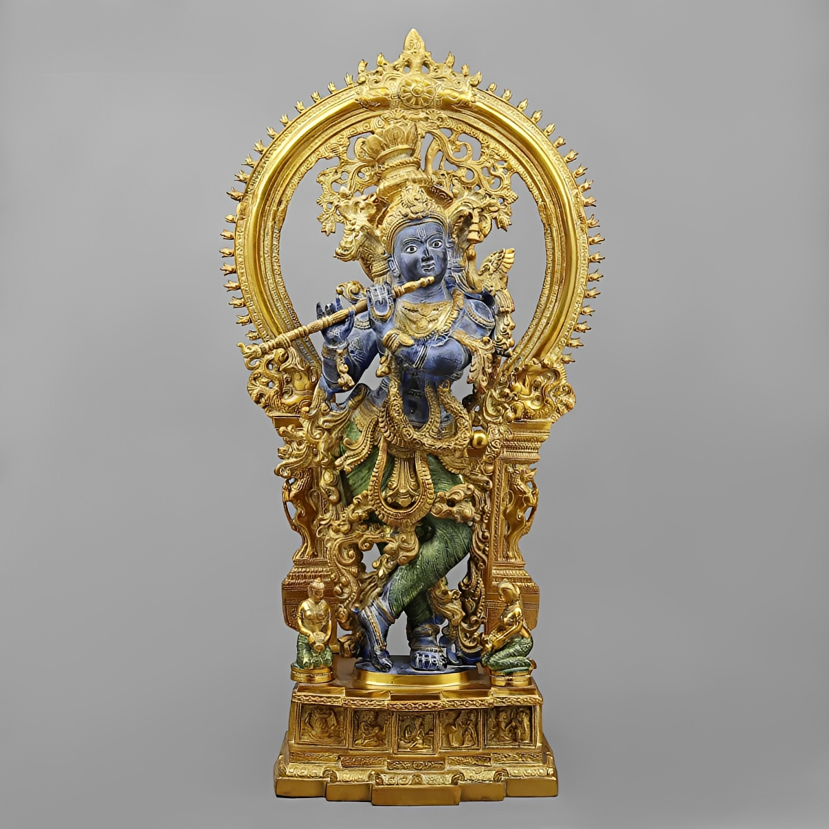 Brassaura® Vrindavan Venugopal Krishna Brass Statue with Prabhavali Arch | Antique Blue & Gold Finish | Height 32 Inches