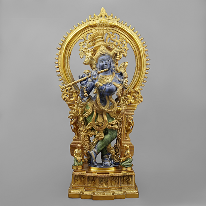 Brassaura® Vrindavan Venugopal Krishna Brass Statue with Prabhavali Arch | Antique Blue & Gold Finish | Height 32 Inches