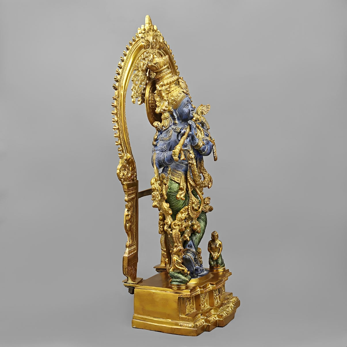 Brassaura® Vrindavan Venugopal Krishna Brass Statue with Prabhavali Arch | Antique Blue & Gold Finish | Height 32 Inches
