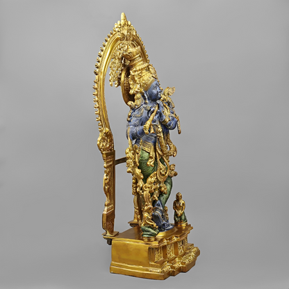 Brassaura® Vrindavan Venugopal Krishna Brass Statue with Prabhavali Arch | Antique Blue & Gold Finish | Height 32 Inches