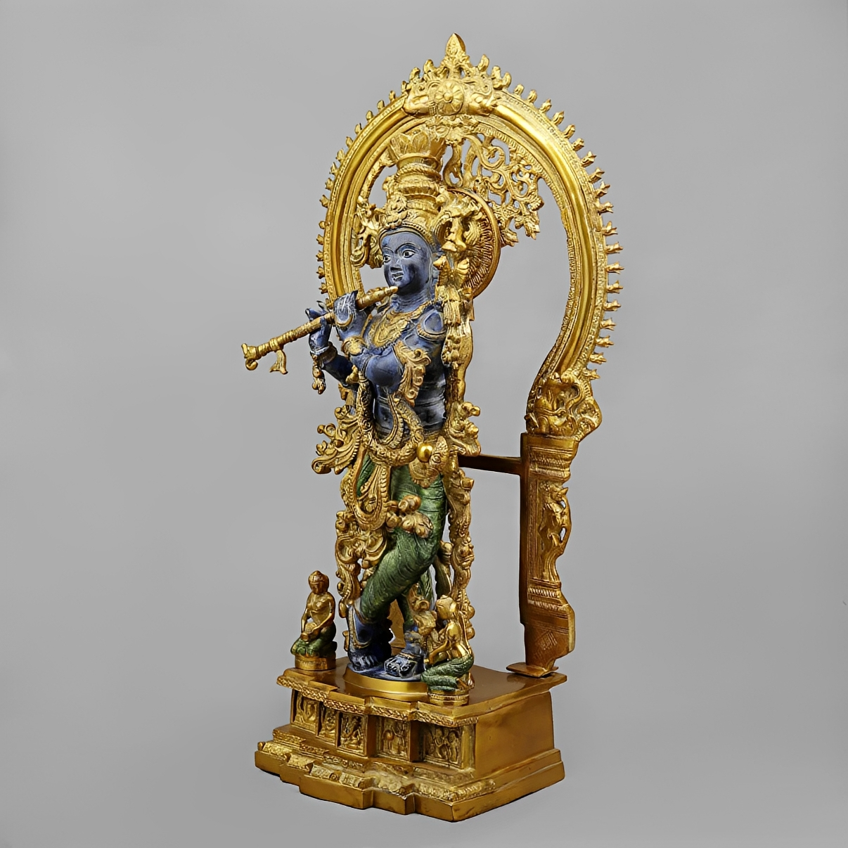 Brassaura® Vrindavan Venugopal Krishna Brass Statue with Prabhavali Arch | Antique Blue & Gold Finish | Height 32 Inches