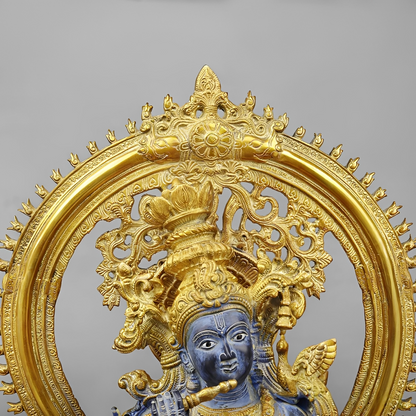 Brassaura® Vrindavan Venugopal Krishna Brass Statue with Prabhavali Arch | Antique Blue & Gold Finish | Height 32 Inches