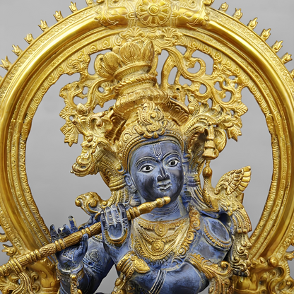 Brassaura® Vrindavan Venugopal Krishna Brass Statue with Prabhavali Arch | Antique Blue & Gold Finish | Height 32 Inches