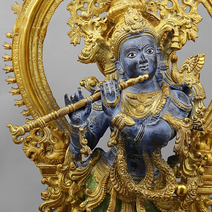 Brassaura® Vrindavan Venugopal Krishna Brass Statue with Prabhavali Arch | Antique Blue & Gold Finish | Height 32 Inches