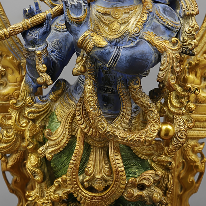 Brassaura® Vrindavan Venugopal Krishna Brass Statue with Prabhavali Arch | Antique Blue & Gold Finish | Height 32 Inches