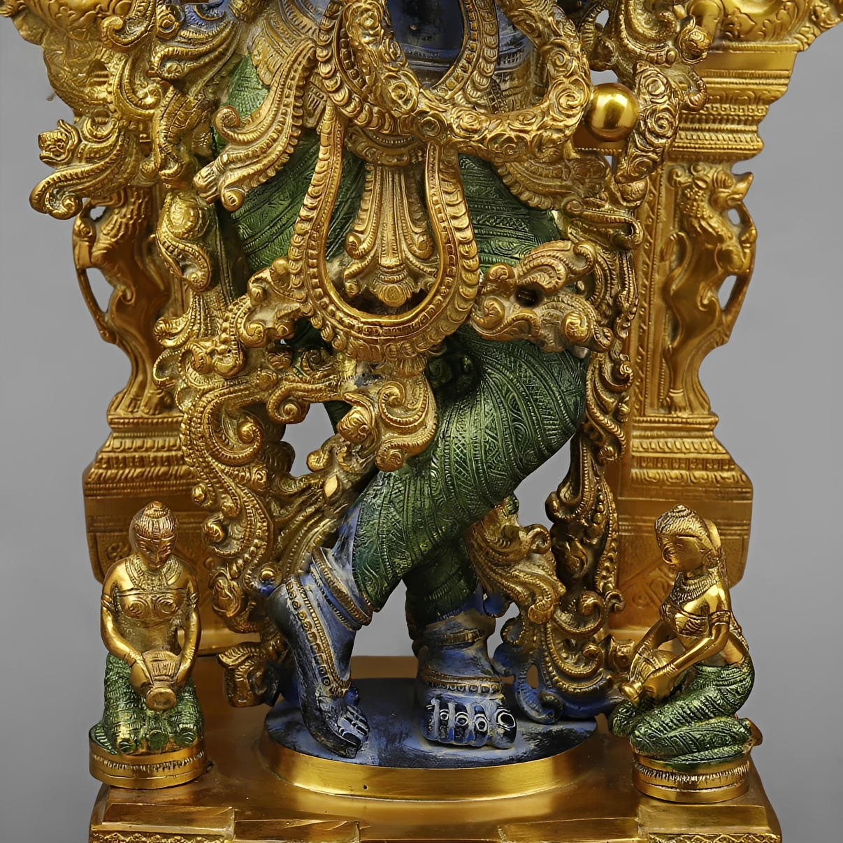 Brassaura® Vrindavan Venugopal Krishna Brass Statue with Prabhavali Arch | Antique Blue & Gold Finish | Height 32 Inches