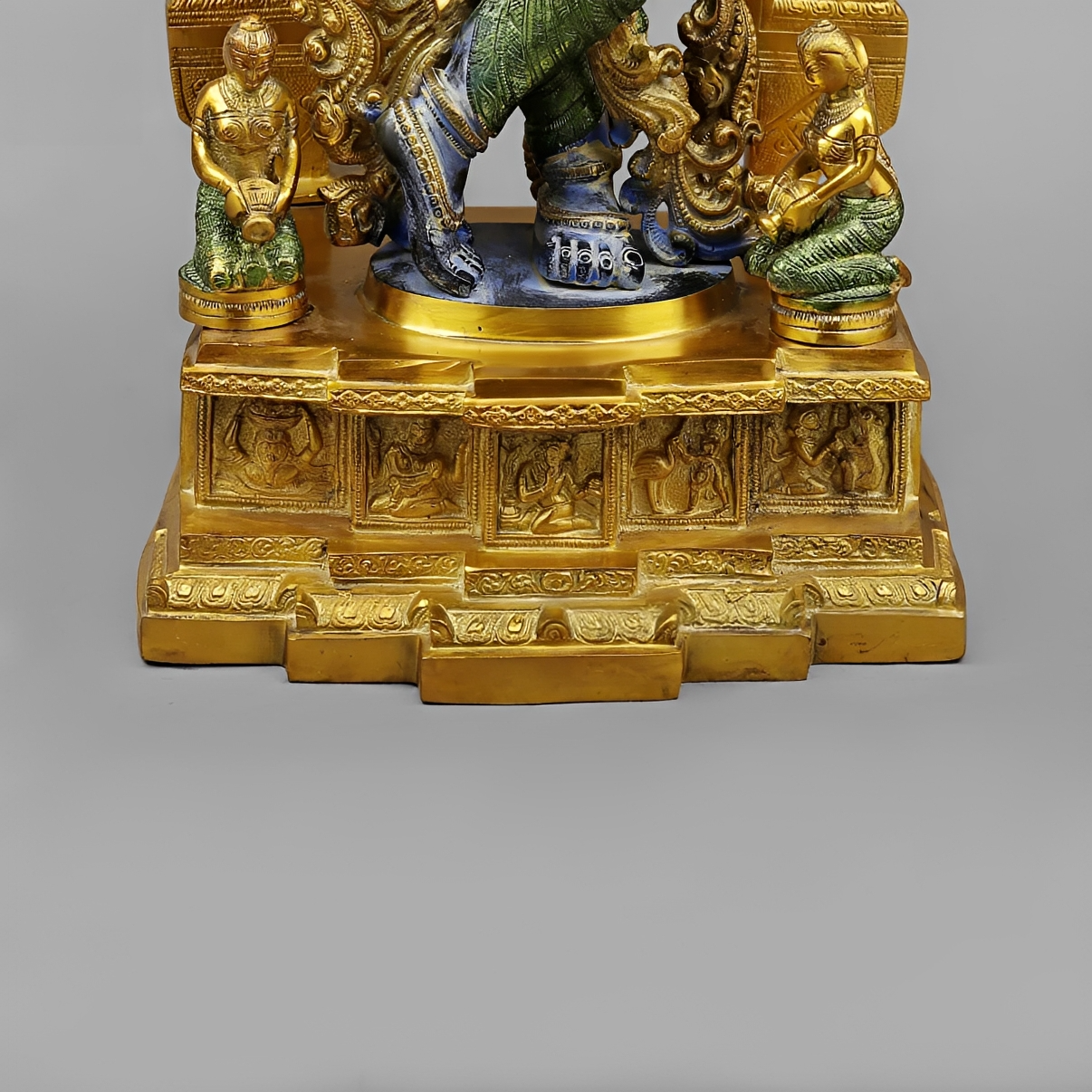 Brassaura® Vrindavan Venugopal Krishna Brass Statue with Prabhavali Arch | Antique Blue & Gold Finish | Height 32 Inches