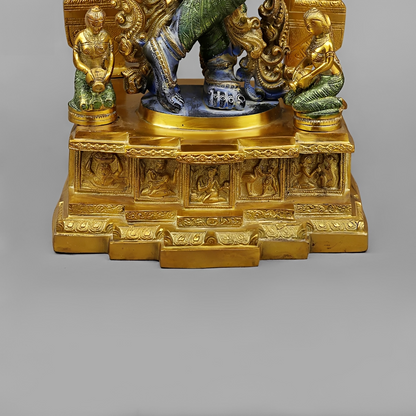 Brassaura® Vrindavan Venugopal Krishna Brass Statue with Prabhavali Arch | Antique Blue & Gold Finish | Height 32 Inches