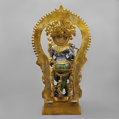 Brassaura® Vrindavan Venugopal Krishna Brass Statue with Prabhavali Arch | Antique Blue & Gold Finish | Height 32 Inches