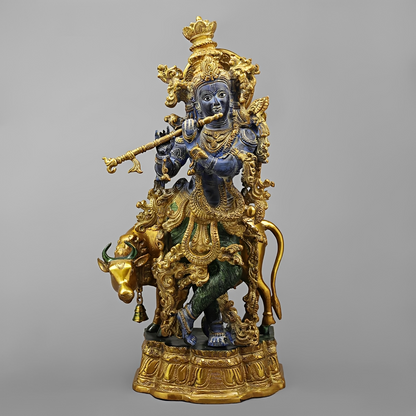 Brassaura® Shyam Venugopal Krishna Brass Statue with Cow | Antique Blue & Gold Finish | Height 27 Inches