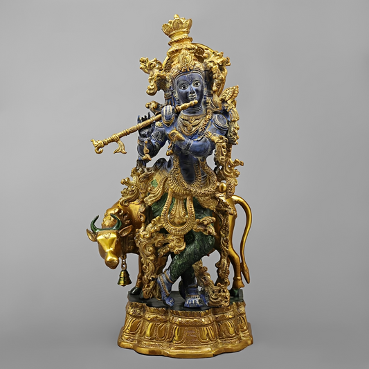Brassaura® Shyam Venugopal Krishna Brass Statue with Cow | Antique Blue & Gold Finish | Height 27 Inches