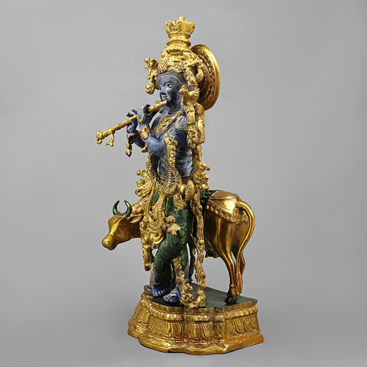 Brassaura® Shyam Venugopal Krishna Brass Statue with Cow | Antique Blue & Gold Finish | Height 27 Inches