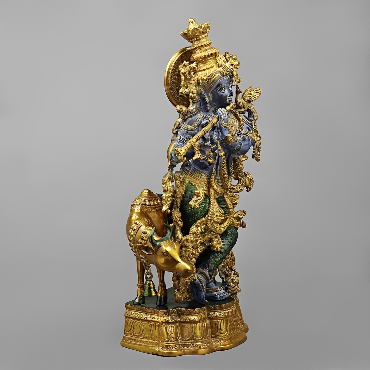 Brassaura® Shyam Venugopal Krishna Brass Statue with Cow | Antique Blue & Gold Finish | Height 27 Inches