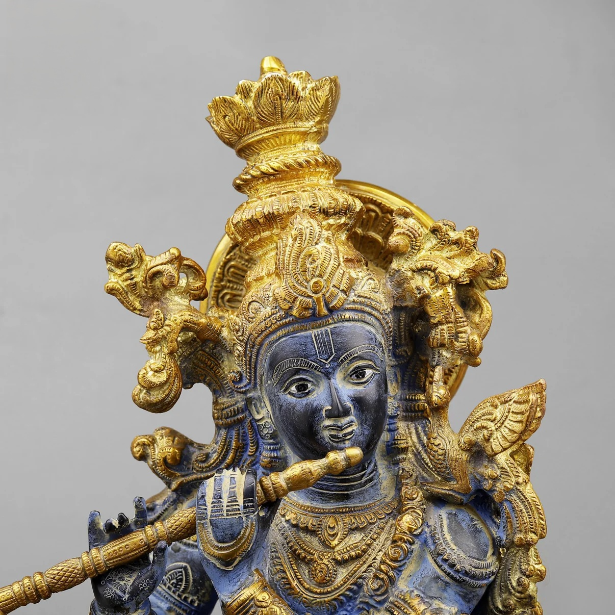 Brassaura® Shyam Venugopal Krishna Brass Statue with Cow | Antique Blue & Gold Finish | Height 27 Inches