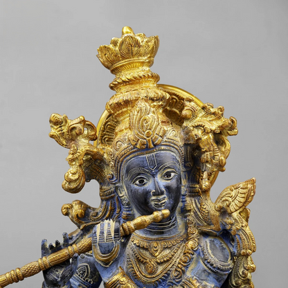 Brassaura® Shyam Venugopal Krishna Brass Statue with Cow | Antique Blue & Gold Finish | Height 27 Inches