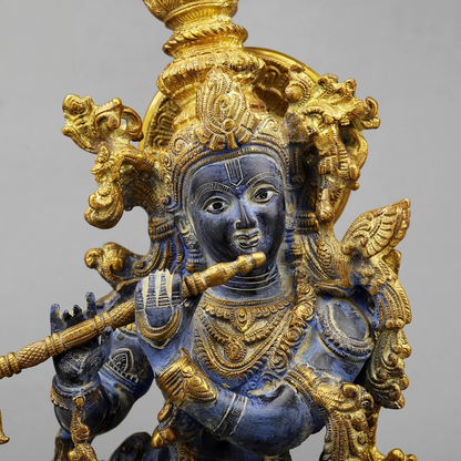 Brassaura® Shyam Venugopal Krishna Brass Statue with Cow | Antique Blue & Gold Finish | Height 27 Inches