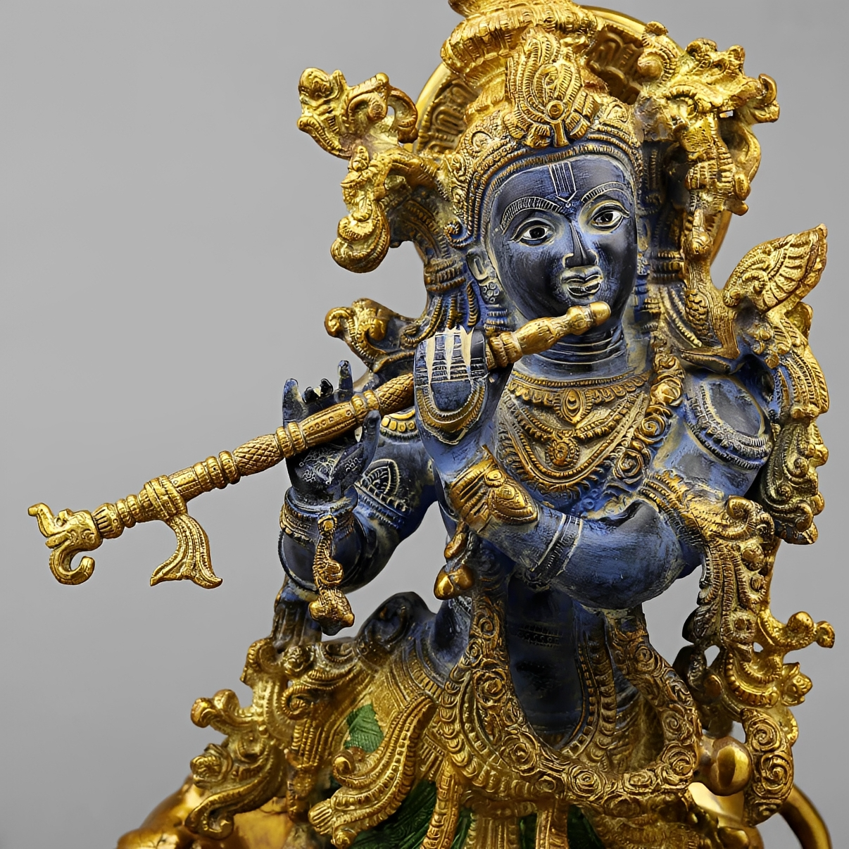 Brassaura® Shyam Venugopal Krishna Brass Statue with Cow | Antique Blue & Gold Finish | Height 27 Inches