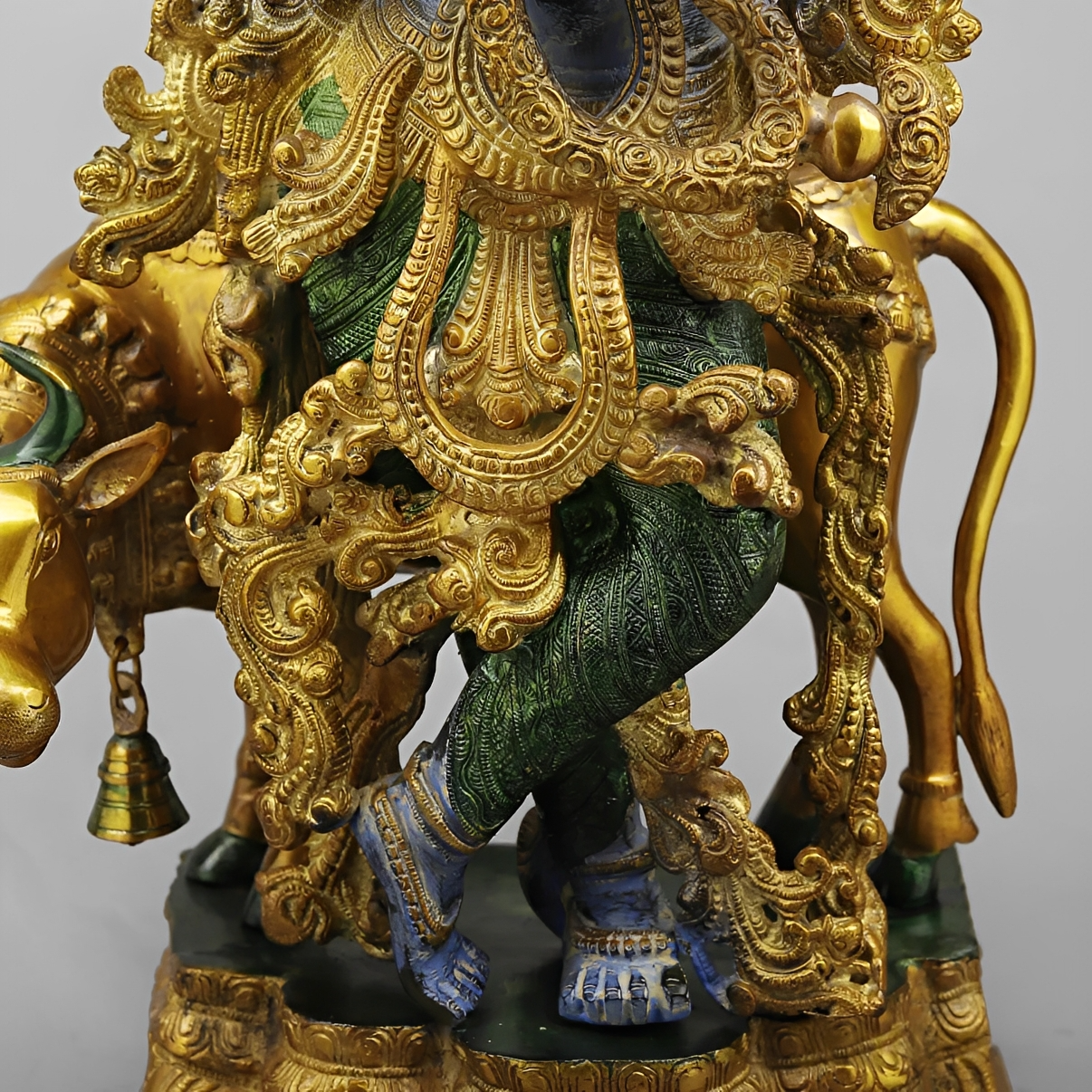 Brassaura® Shyam Venugopal Krishna Brass Statue with Cow | Antique Blue & Gold Finish | Height 27 Inches