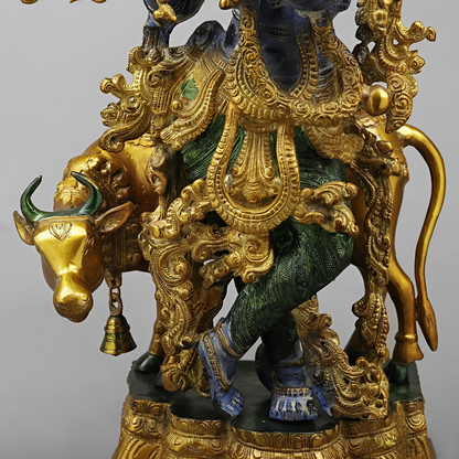 Brassaura® Shyam Venugopal Krishna Brass Statue with Cow | Antique Blue & Gold Finish | Height 27 Inches