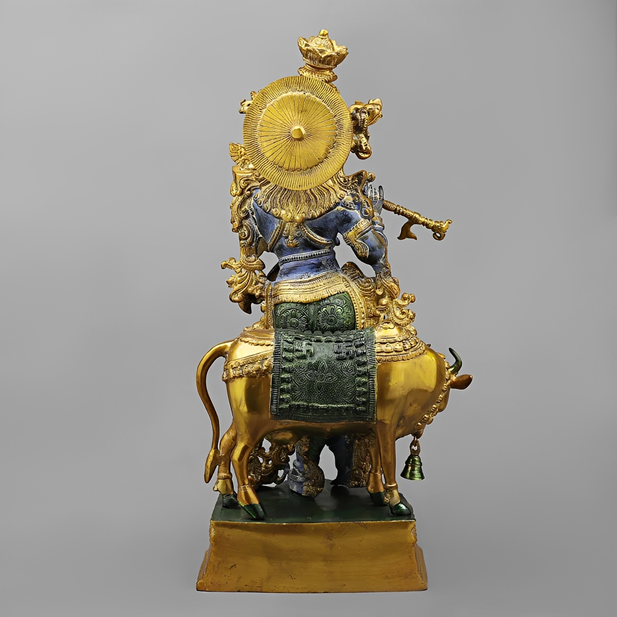 Brassaura® Shyam Venugopal Krishna Brass Statue with Cow | Antique Blue & Gold Finish | Height 27 Inches