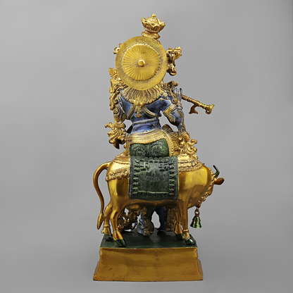 Brassaura® Shyam Venugopal Krishna Brass Statue with Cow | Antique Blue & Gold Finish | Height 27 Inches