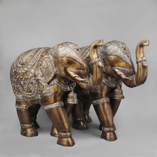 Brassaura® Royal Heritage Brass Elephant Pair | Temple Style Decorative Sculptures | Height 22 Inches