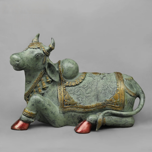 Brassaura® Verdant Kailash Nandi Brass Statue | Antique Green Temple Finish | Height 14 Inches