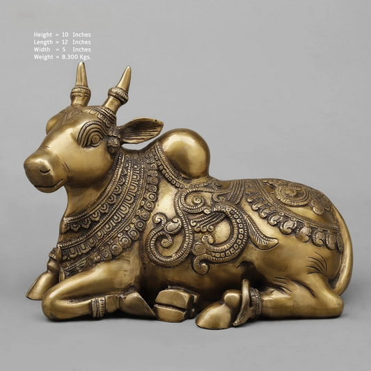 Brassaura® Sacred Kailash Nandi Bull Brass Statue | Temple Style Shiva Vahana Idol | Height 10 Inches
