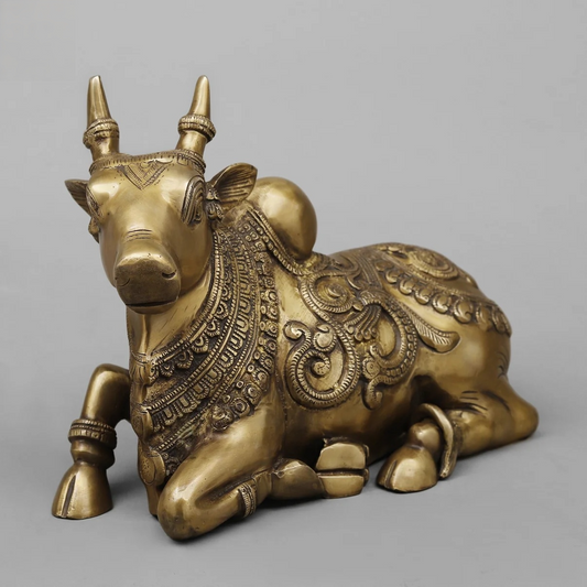 Brassaura® Sacred Kailash Nandi Bull Brass Statue | Temple Style Shiva Vahana Idol | Height 10 Inches