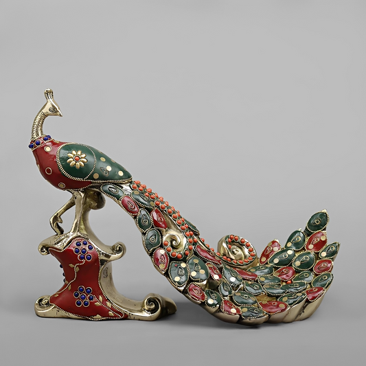 Brassaura® Royal Meenakari Peacock Brass Sculpture | Handcrafted Decorative Art | Height 8.5 Inches