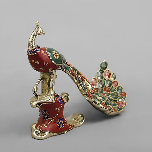 Brassaura® Royal Meenakari Peacock Brass Sculpture | Handcrafted Decorative Art | Height 8.5 Inches
