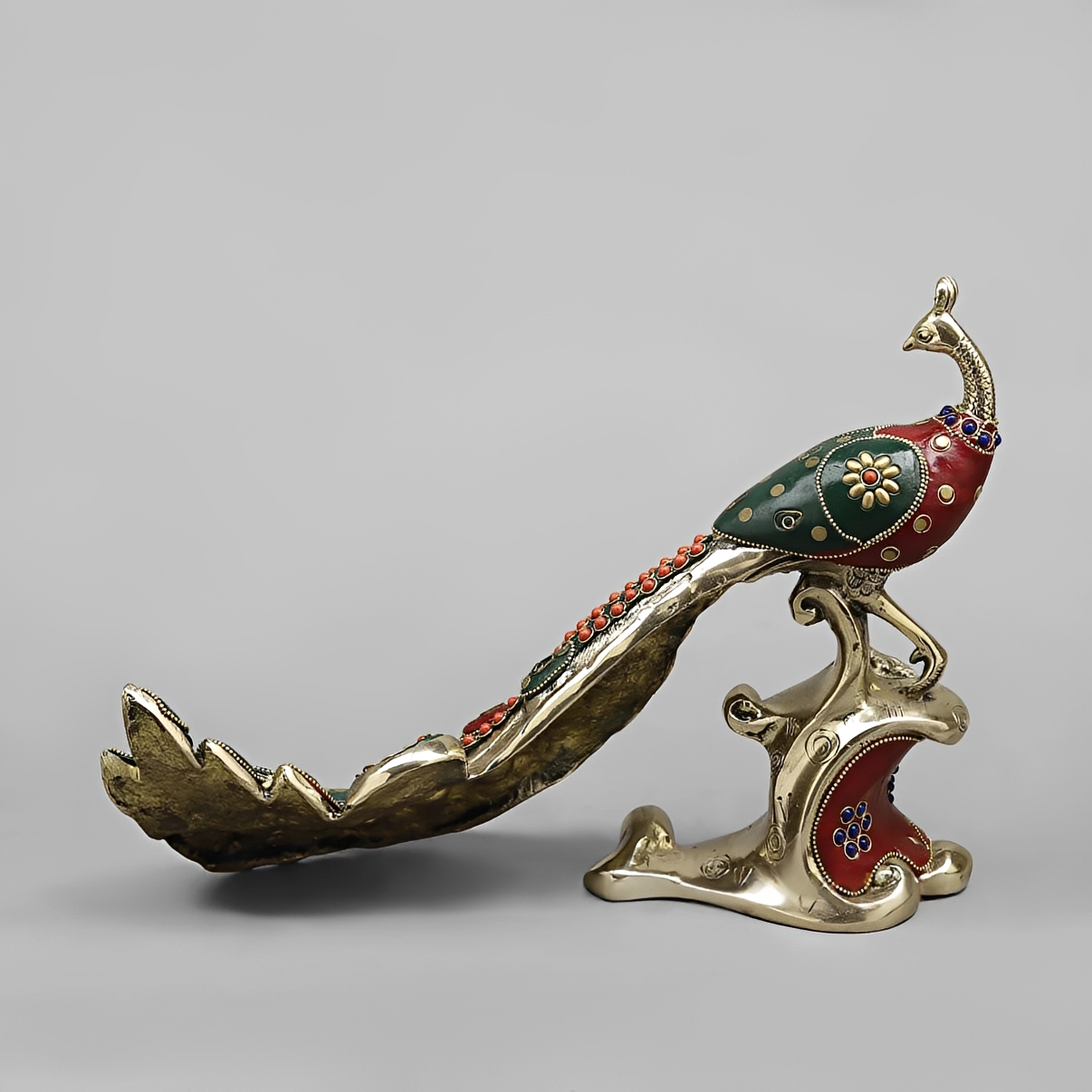 Brassaura® Royal Meenakari Peacock Brass Sculpture | Handcrafted Decorative Art | Height 8.5 Inches